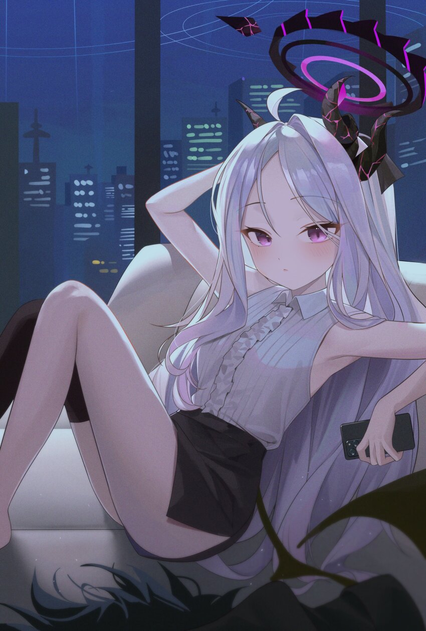 1girl, absurdres, ahoge, arm_up, black_skirt, black_thighhighs, blue_archive, cellphone, commentary, feet_out_of_frame, from_side, halo, highres, hina_(blue_archive), holding, holding_phone, indoors, light_blush, long_hair, looking_at_viewer, looking_to_the_side, luz0207, night, phone, purple_eyes, shirt, single_thighhigh, sitting, skirt, sleeveless, sleeveless_shirt, solo, thighhighs, very_long_hair, white_hair, white_shirt