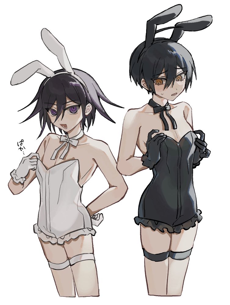 2boys, ahoge, animal_ear_hairband, animal_ears, bare_shoulders, black_gloves, black_hair, black_leotard, blush, collarbone, commentary_request, crossdressing, crossdressing_(mtf), danganronpa_(series), danganronpa_v3:_killing_harmony, embarrassed, eyelashes, fake_animal_ears, flipped_hair, gloves, hair_between_eyes, hairband, hand_on_own_hip, height_difference, leotard, looking_at_viewer, looking_down, male_focus, mo_fumo_fu_kitsune, multiple_boys, neck_ribbon, oma_kokichi, open_mouth, pectoral_cleavage, pectorals, purple_eyes, purple_hair, rabbit_ear_hairband, rabbit_ears, ribbon, ringed_eyes, saihara_shuichi, short_hair, shy, simple_background, skindentation, strapless, strapless_leotard, sweatdrop, thigh_strap, trap, white_background, white_gloves, white_leotard, yellow_eyes