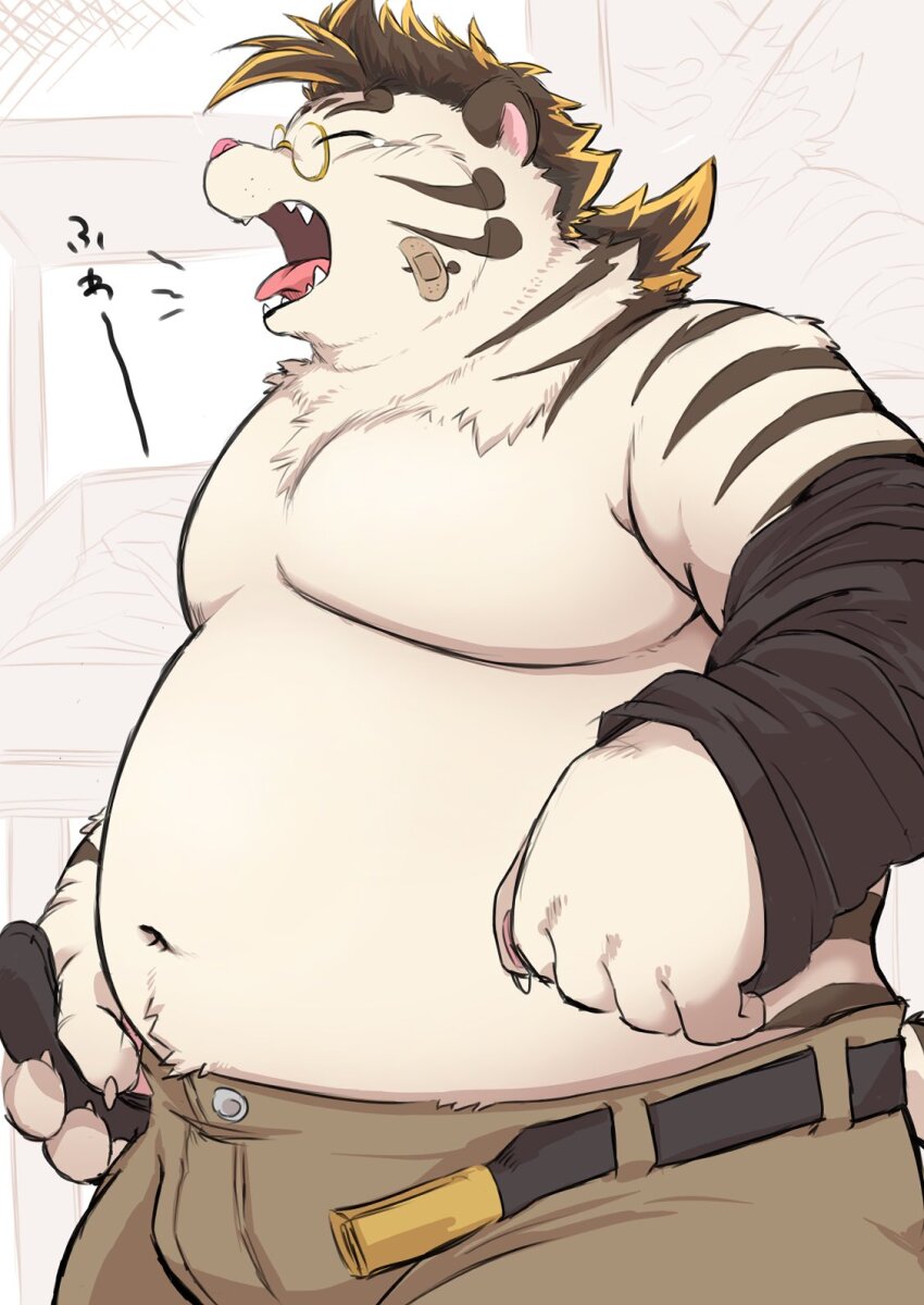 1boy, animal_ears, bandaid, bandaid_on_cheek, bandaid_on_face, bara, belly, belt, black_shirt, brown_pants, closed_eyes, colored_tips, commentary_request, fangs, fat, fat_man, furry, furry_male, highres, licho_(housamo), male_focus, multicolored_hair, navel, open_belt, open_mouth, pants, profile, round_eyewear, shirokumaou, shirt, tail, tiger_boy, tiger_ears, tiger_stripes, tiger_tail, tokyo_houkago_summoners, topless_male, undressing, yawning