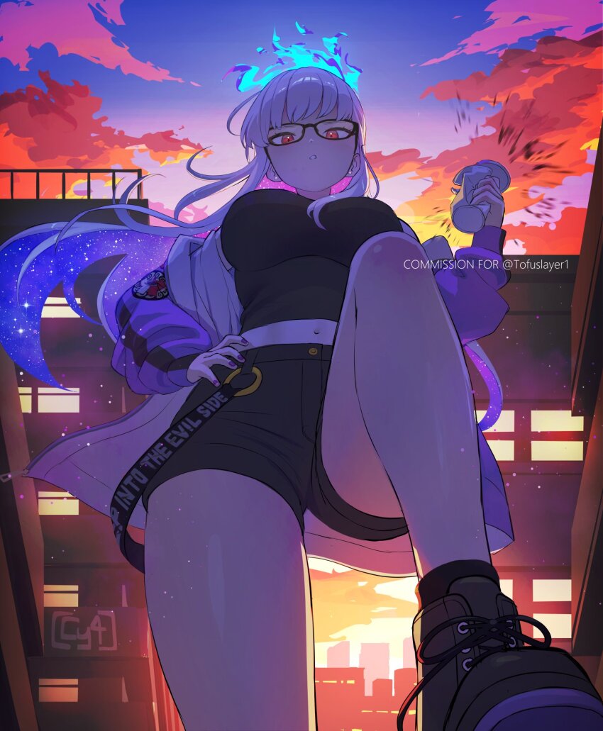 1girl, black-framed_eyewear, black_shirt, black_shoes, black_shorts, blue_fire, breasts, cloud
