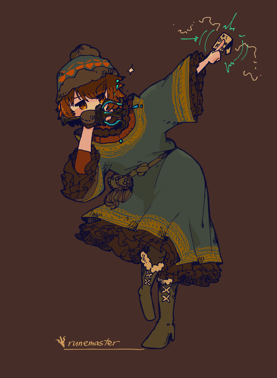 boots, brown_background, brown_eyes, brown_hair, dress, etrian_odyssey, highres, hosipoke, robe, rune_master_(sekaiju), rune_master_4_(sekaiju), sekaiju_no_meikyuu, sekaiju_no_meikyuu_4, standing, standing_on_one_leg, wand, winter_clothes