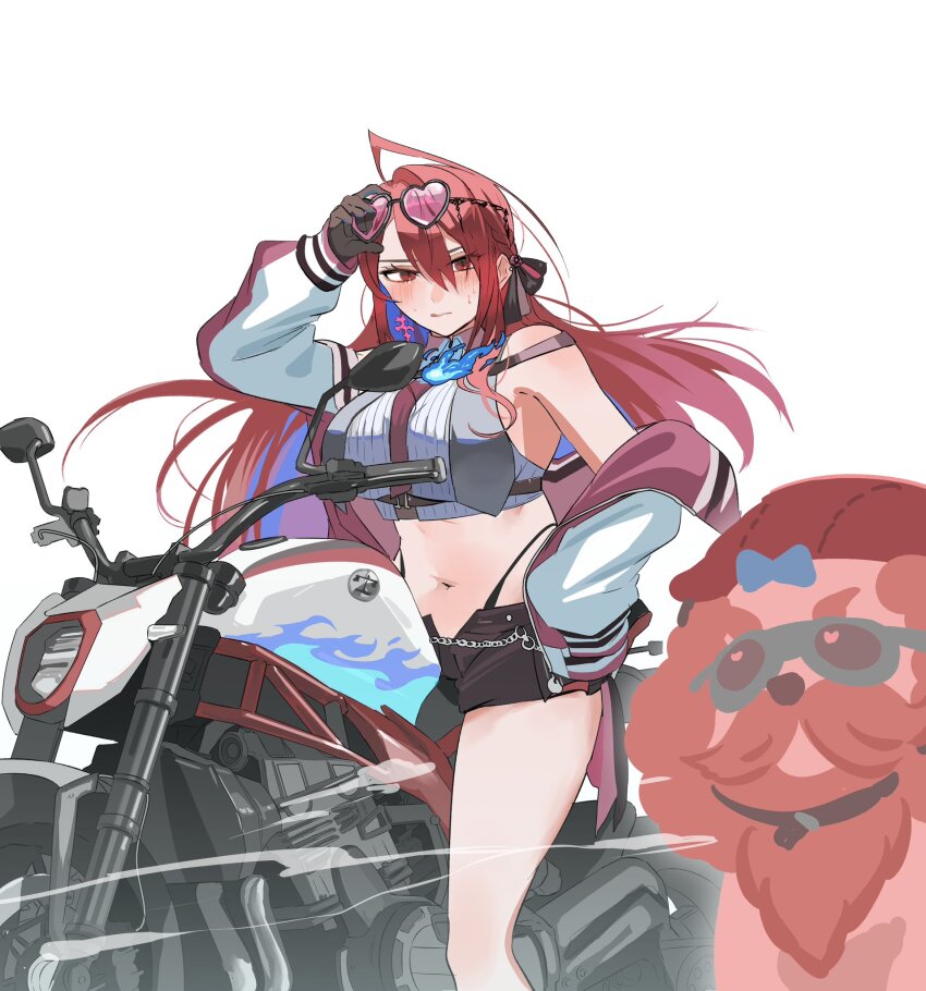 1girl, ahoge, alternate_costume, blue_fire, blue_hair, bobby_(elizabeth_rose_bloodflame), breasts, colored_inner_hair