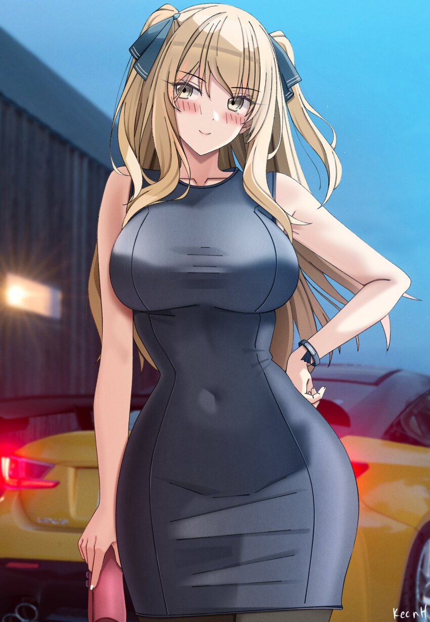 1girl, ao_no_kanata_no_four_rhythm, artist_name, bare_arms, black_dress, black_ribbon, blonde_hair, blush, breasts, car, collarbone, covered_navel, dress, hair_ribbon, highres, keenh, large_breasts, leather, leather_dress, lexus, lexus_rc_f, long_hair, looking_at_viewer, motor_vehicle, pantyhose, ribbon, satouin_reiko, short_dress, sleeveless, smile, solo, two_side_up, yellow_car, yellow_eyes