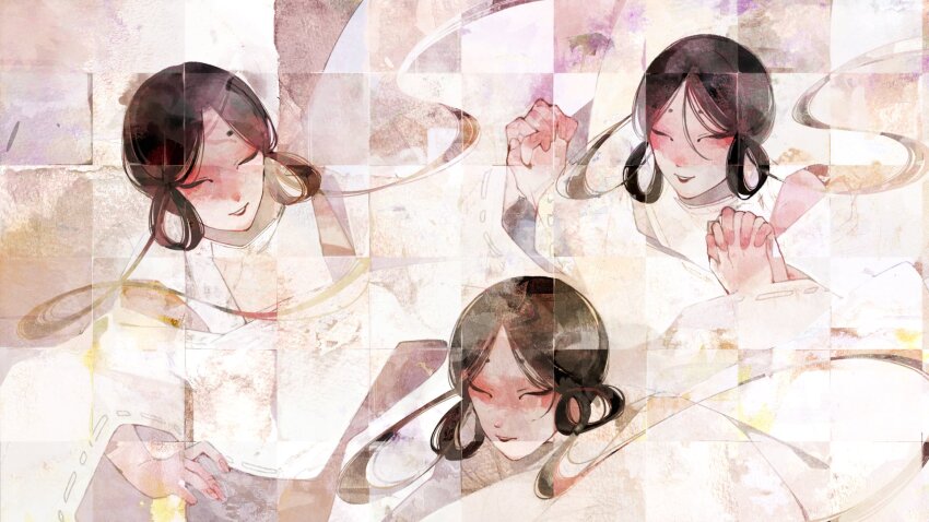 3girls, floating_hair, hair_rings, highres, holding_hands, japanese_clothes, kariginu, long_hair