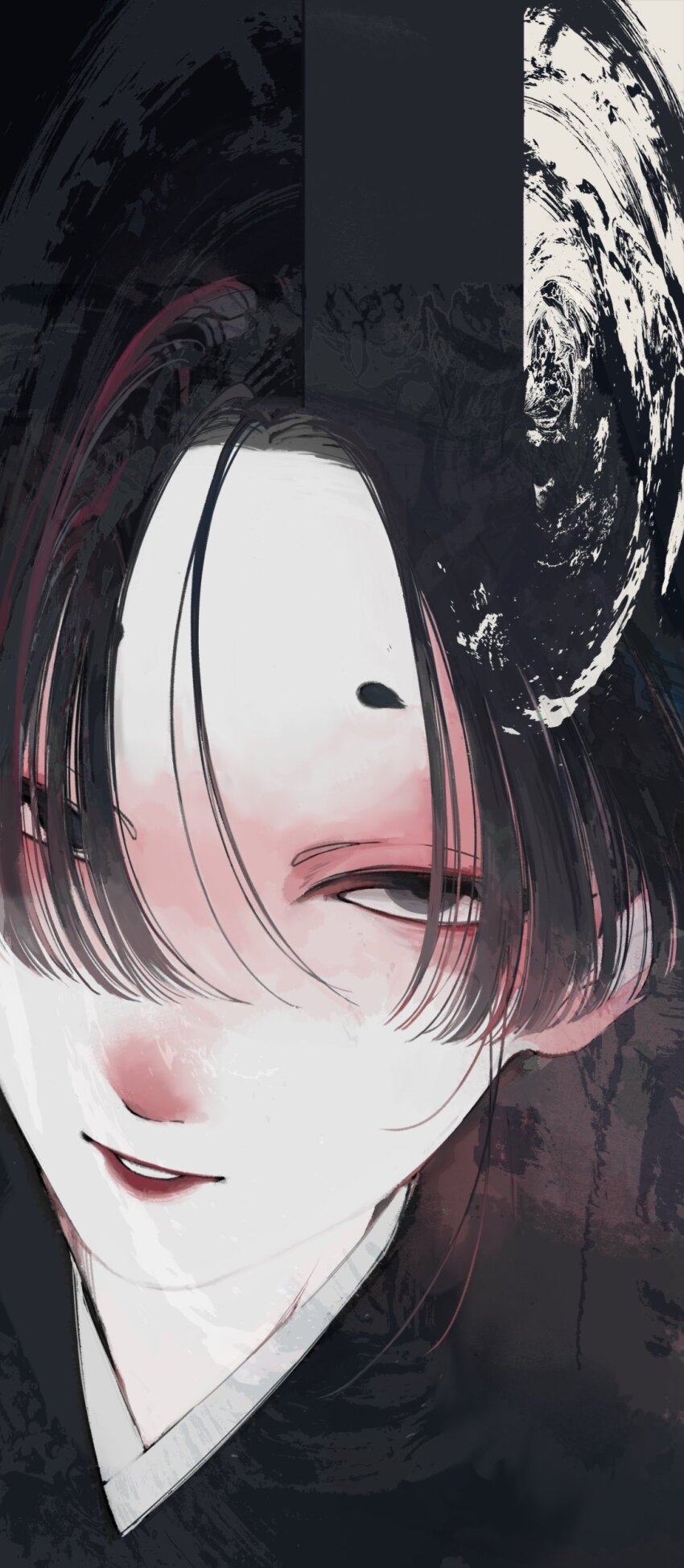 1girl, absurdres, black_eyes, black_hair, black_kimono, hair_over_one_eye, highres, japanese_clothes, kimono, looking_at_viewer, original, parted_lips, portrait, shimizu_en_(shimizuen3310), short_eyebrows, solo