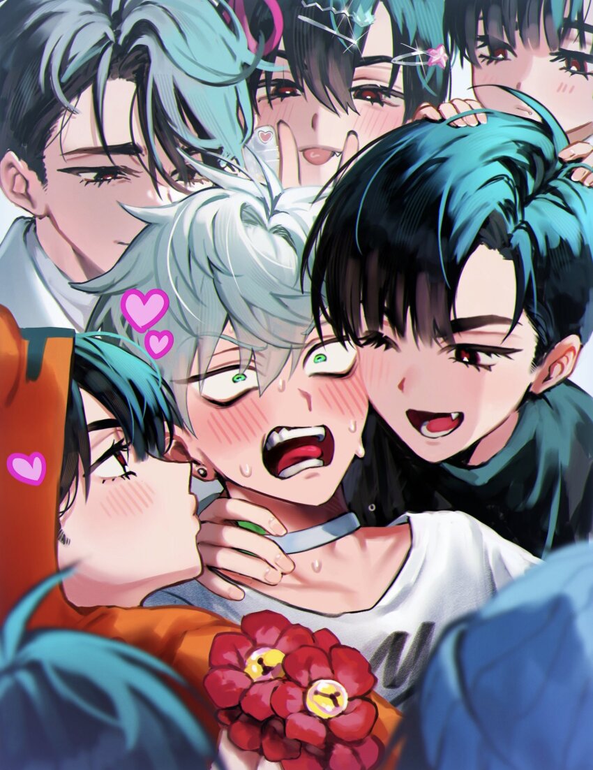 6+boys, 7eiaq3939, alien_stage, aqua_hair, blush, clone, earrings, fang, flower, green_eyes, harem, highres, ivan_(alien_stage), jewelry, multiple_boys, panicking, red_flower, smile, sweat, till_(alien_stage), yaoi
