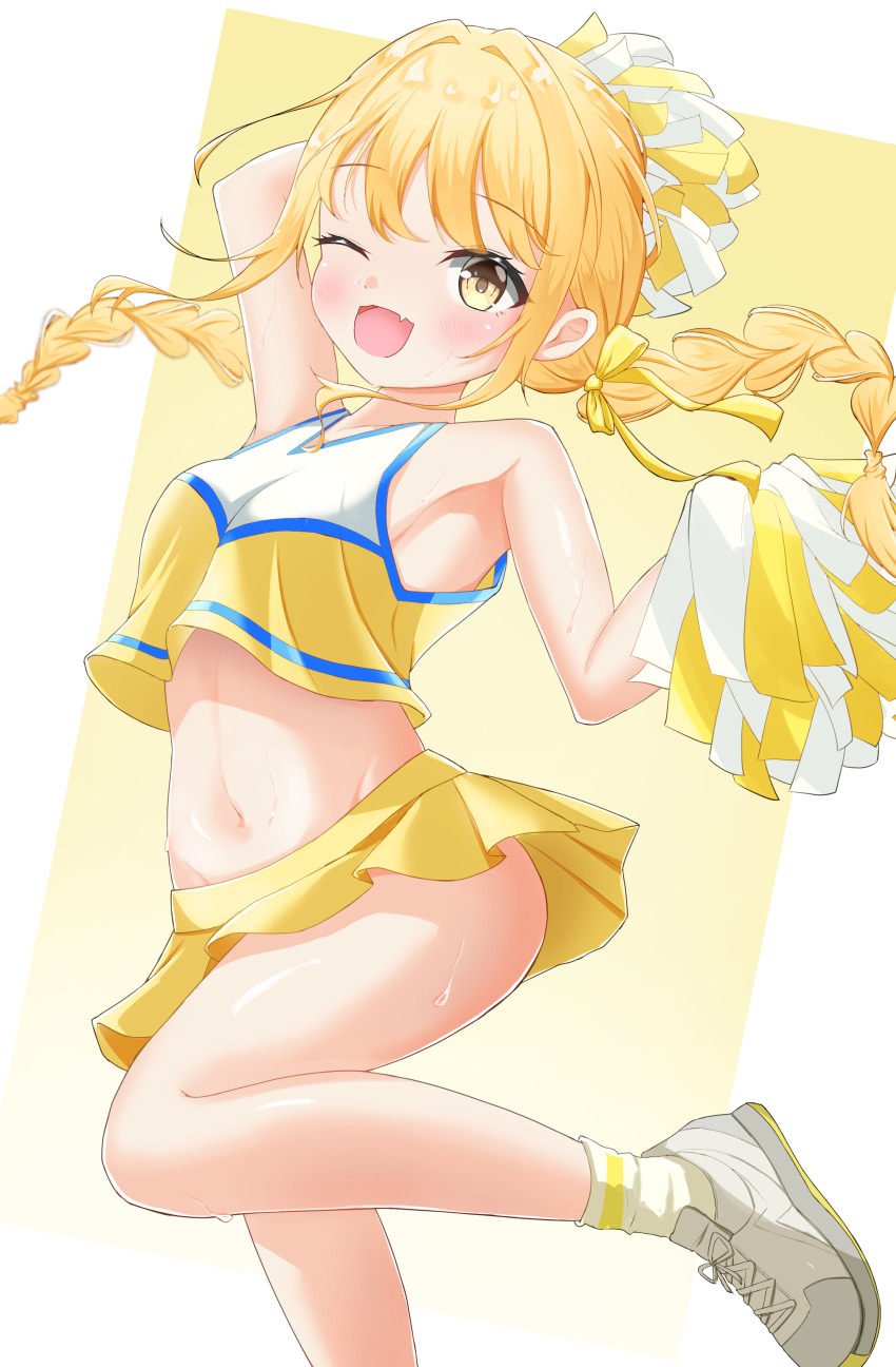 1girl, ;d, absurdres, alternate_costume, armpits, bare_legs, blonde_hair, blush, braid, breasts, cheerleader, commentary_request, cropped_shirt, fang, fujita_kotone, gakuen_idolmaster, highres, holding, holding_pom_poms, idolmaster, linea_alba, long_hair, looking_at_viewer, miniskirt, navel, numamizuki, one_eye_closed, open_mouth, pleated_skirt, pom_pom_(cheerleading), pom_poms, shirt, shoes, skin_fang, skirt, sleeveless, sleeveless_shirt, small_breasts, smile, sneakers, solo, stomach, twin_braids, yellow_eyes, yellow_skirt