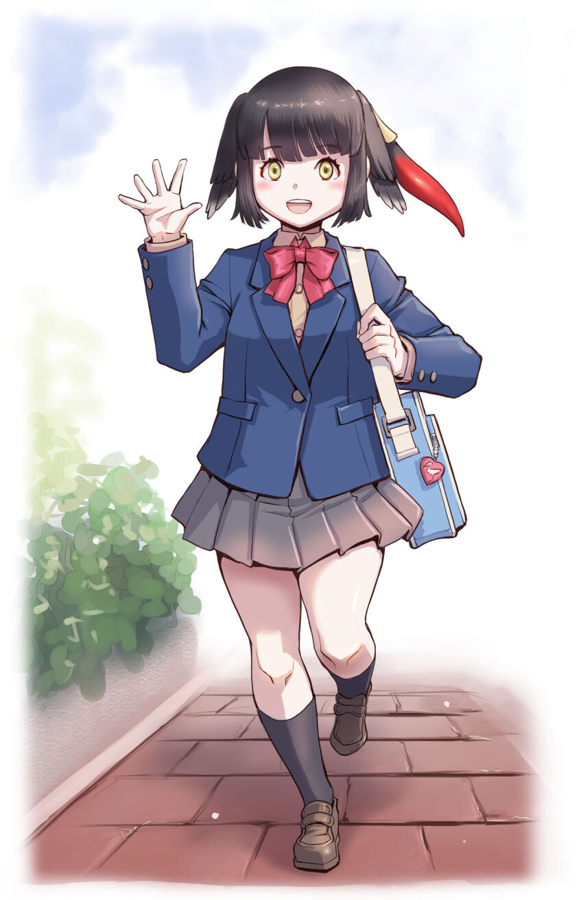 1girl, alternate_costume, bag, bag_charm, black_hair, black_socks, blonde_hair, blue_jacket