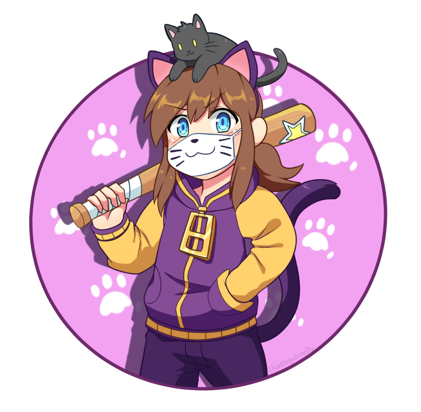1girl, :3, a_hat_in_time, animal, animal_ear_hairband, animal_ears, animal_on_head, baseball_bat, black_cat, blue_eyes, blush, brown_hair, cat, cat_ear_hairband, cat_ears, cat_tail, child, closed_mouth, colored_sclera, commentary, english_commentary, fake_animal_ears, fake_tail, hairband, hand_in_pocket, hat_kid, highres, holding, holding_baseball_bat, isso_(thatsquirrelly), jacket, long_sleeves, looking_at_viewer, mask, medium_hair, mouth_mask, multicolored_jacket, official_alternate_costume, on_head, pants, ponytail, purple_jacket, purple_pants, sidelocks, solo, star_(symbol), star_sticker, sticker, tail, yellow_jacket, yellow_sclera, zipper_pull_tab