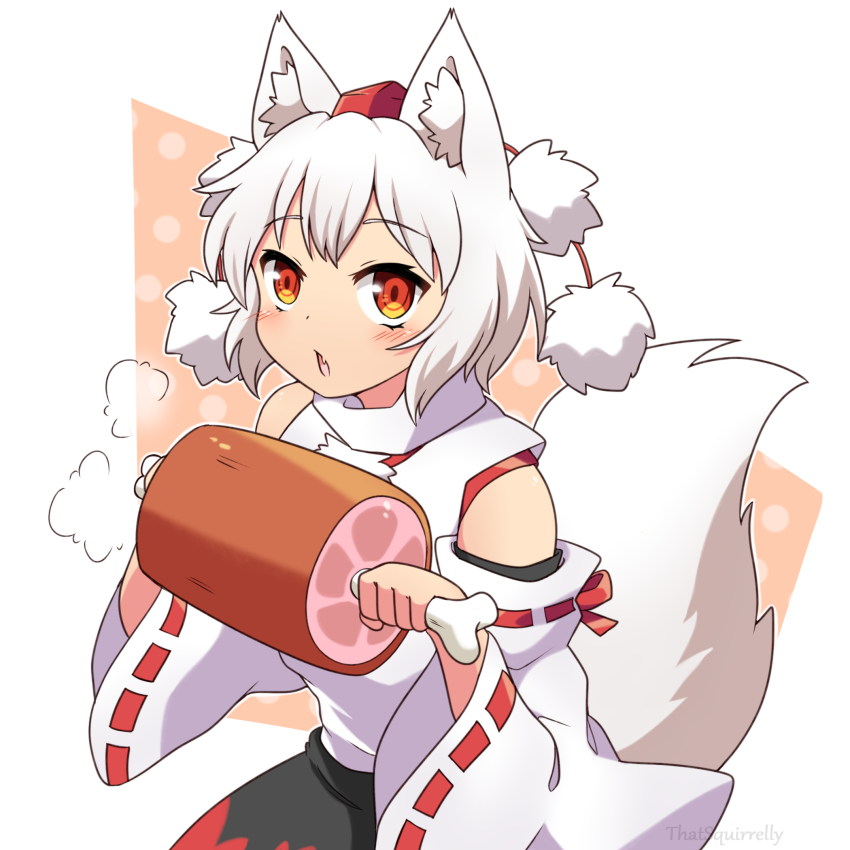 1girl, animal_ears, black_skirt, blush, boned_meat, commentary, detached_sleeves, english_commentary