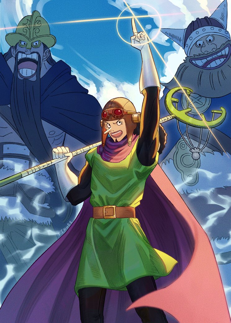 3boys, arm_up, beard, belt, black_hair, blue_cape, brogy_(one_piece), cape