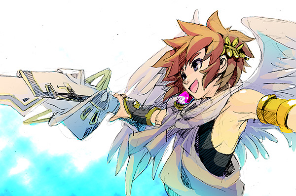 1boy, angel, angel_wings, blue_eyes, brown_hair, first_blade_(kid_icarus), holding, holding_sword
