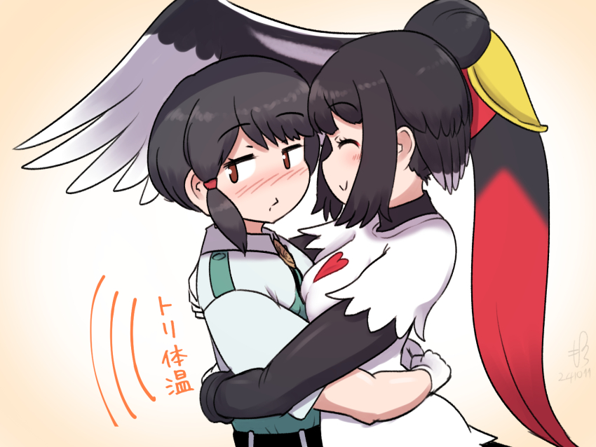 bird_girl, bird_wings, black_hair, black_shirt, blonde_hair, blush, brown_eyes, captain_(kemono_friends)