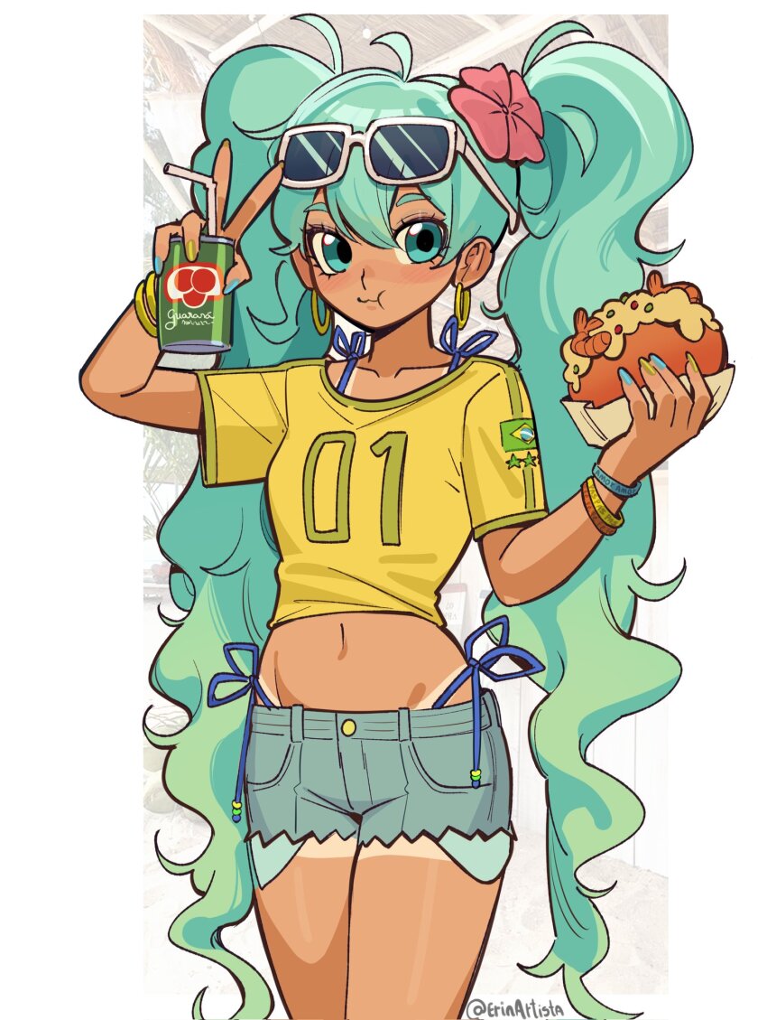 1girl, alternate_costume, bikini, bikini_under_clothes, blue_eyes, blue_hair, blue_shorts, borrowed_design