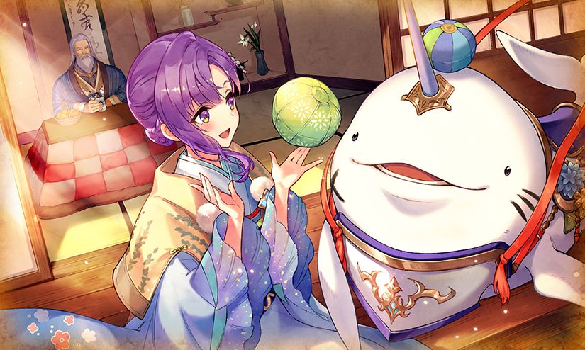 1boy, 1girl, blue_kimono, creature, furisode, hanging_scroll, japanese_clothes, kimono