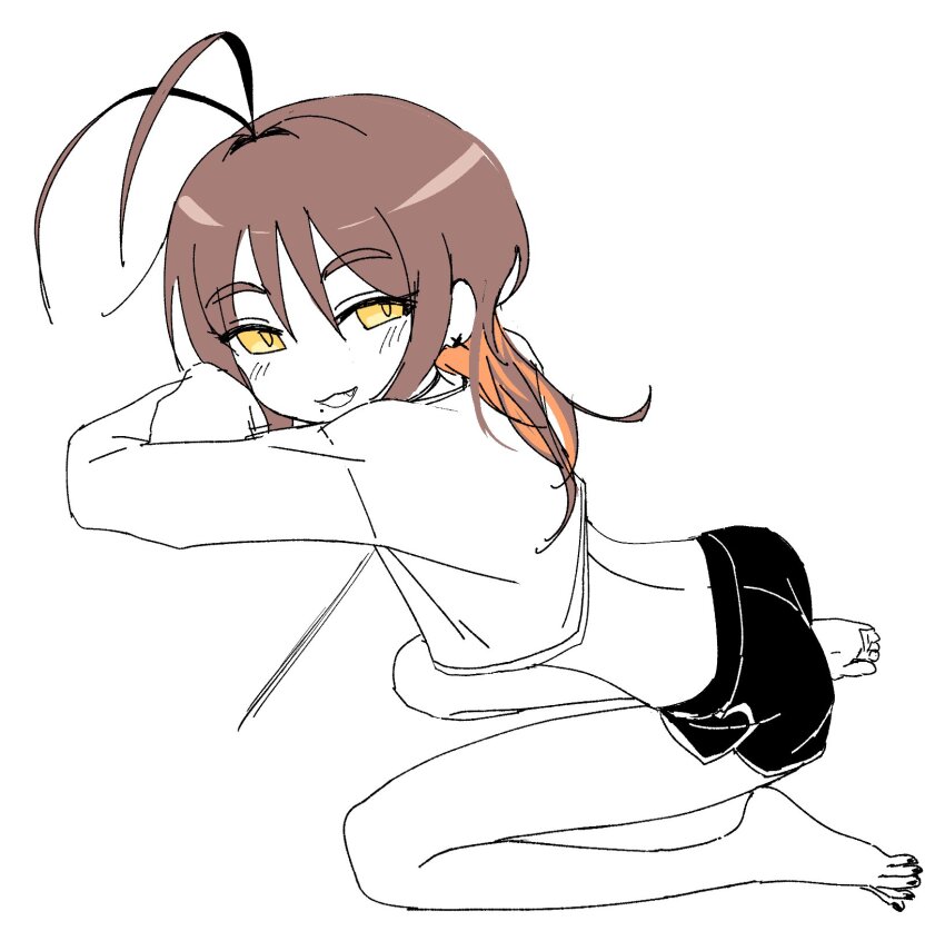 1girl, :3, antenna_hair, barefoot, brown_hair, colored_inner_hair, cropped_shirt, crossed_arms, dolphin_shorts, earrings, eds, fang, highres, indie_virtual_youtuber, jewelry, long_hair, long_sleeves, mole, mole_under_mouth, multicolored_hair, nino_egyn, open_mouth, orange_hair, shorts, sitting, smile, solo, virtual_youtuber, wariza, yellow_eyes