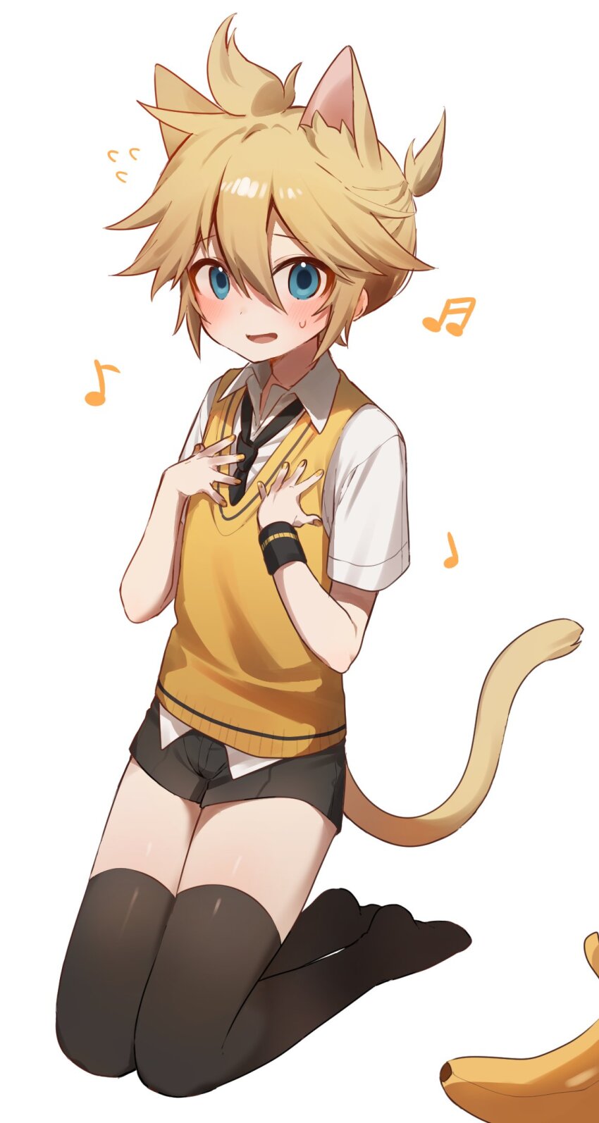 1boy, animal_ears, black_shorts, black_thighhighs, blonde_hair, blue_eyes, blush, cat_boy