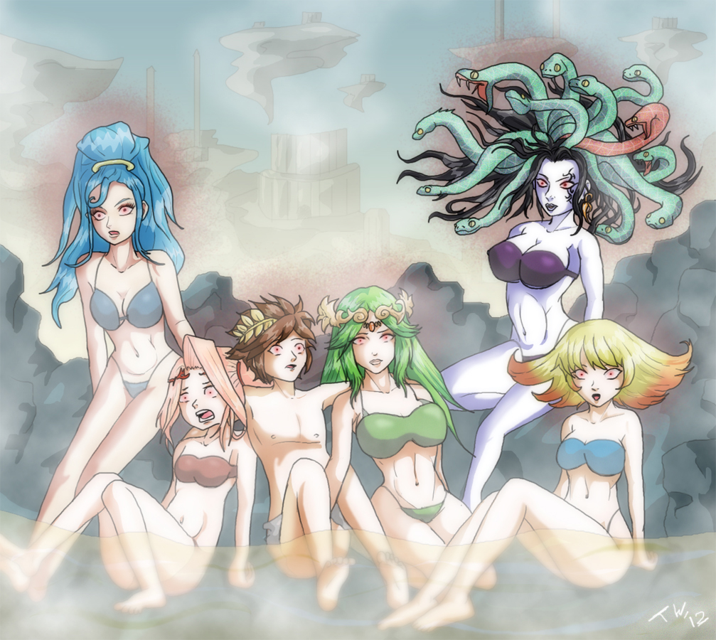 1boy, 5girls, alternate_costume, amazon_pandora, aura, bare_shoulders, bikini, black_hair, blonde_hair, blue_hair, breasts, brown_hair, chaos_kin, cleavage, commentary, corruption, dark_persona, english_commentary, flat_chest, frown, glowing, glowing_eyes, kid_icarus, kid_icarus_uprising, long_hair, looking_at_another, looking_at_viewer, medusa_(kid_icarus), multiple_girls, nintendo, onsen, open_mouth, palutena, parted_lips, phosphora, pink_hair, pit_(kid_icarus), ponytail, possessed, possession, red_eyes, short_hair, shorts, snake, snake_hair, swimsuit, trishbot, viridi