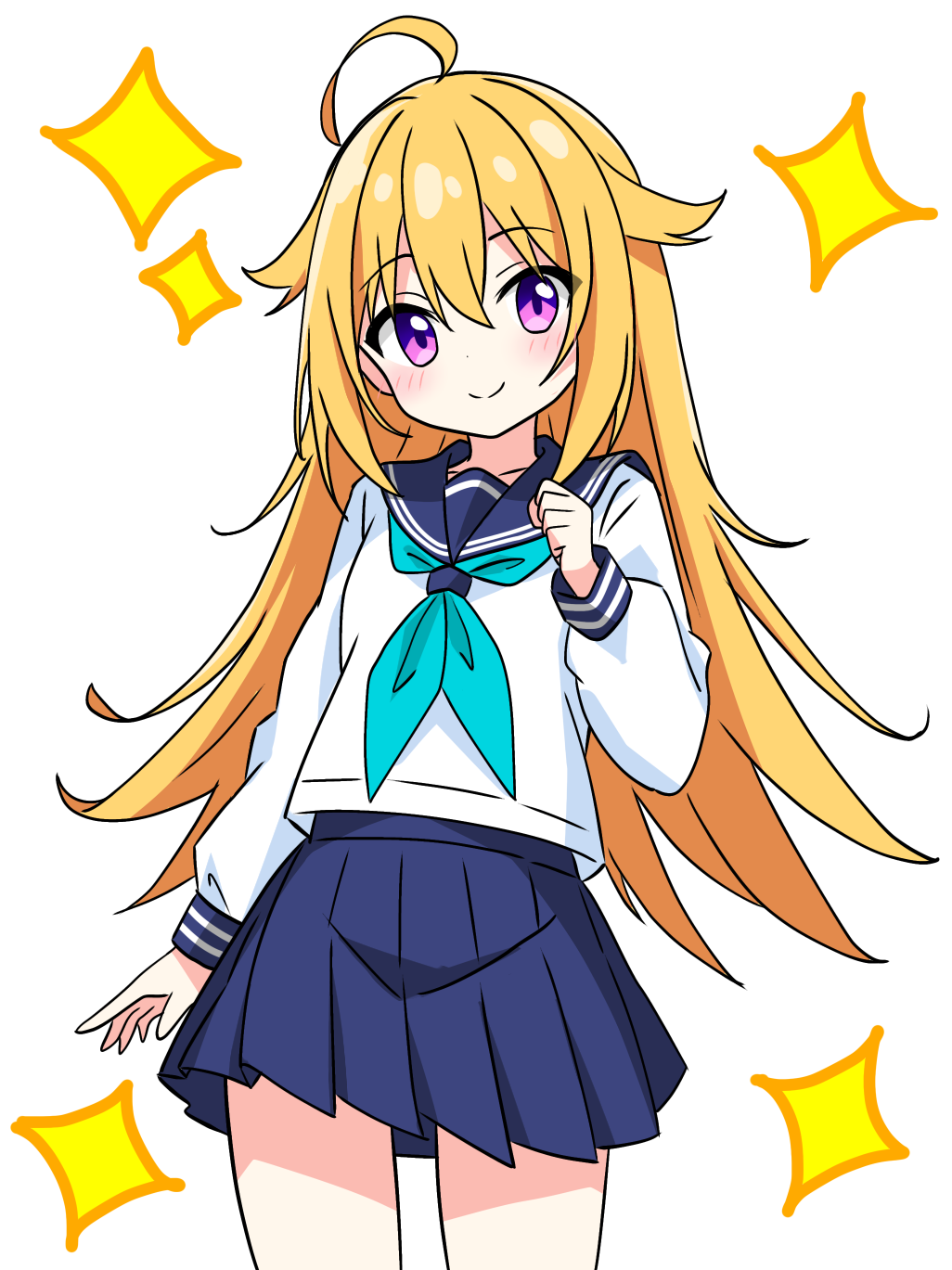 1girl, ahoge, blush, commentary_request, cowboy_shot, hair_flaps, hand_up, highres