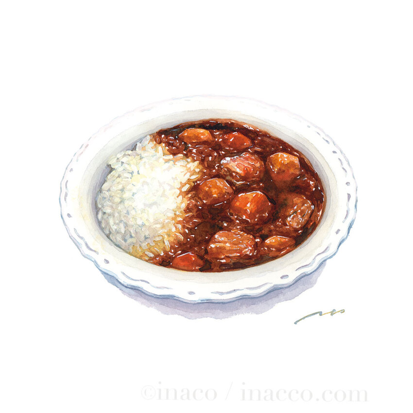 artist_name, curry, curry_rice, food, food_focus, inaco, no_humans, original, plate, rice, signature, simple_background, still_life, white_background