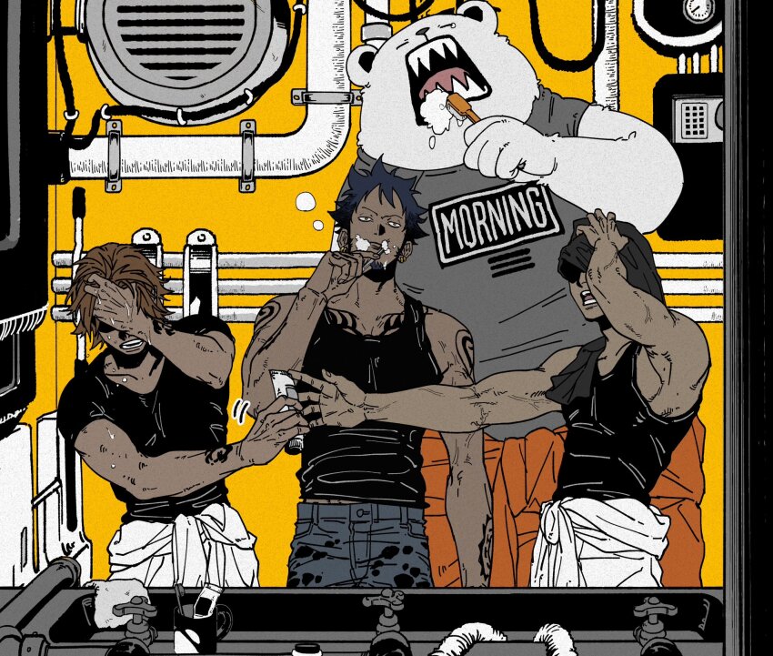 4boys, arm_tattoo, bear, bepo_(one_piece), black_hair, black_tank_top, brushing_teeth, chest_tattoo