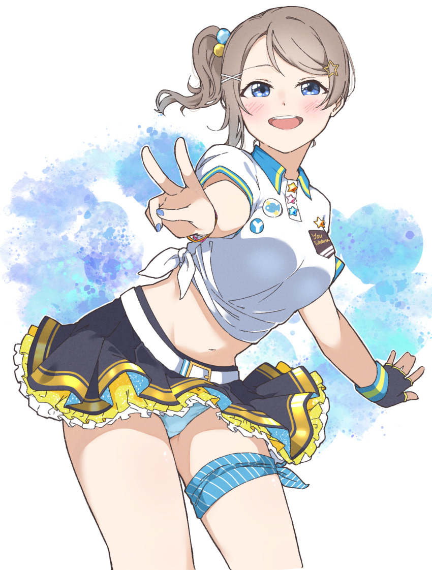 1girl, belt, black_gloves, black_skirt, blue_background, blue_eyes, blue_nails, blue_panties