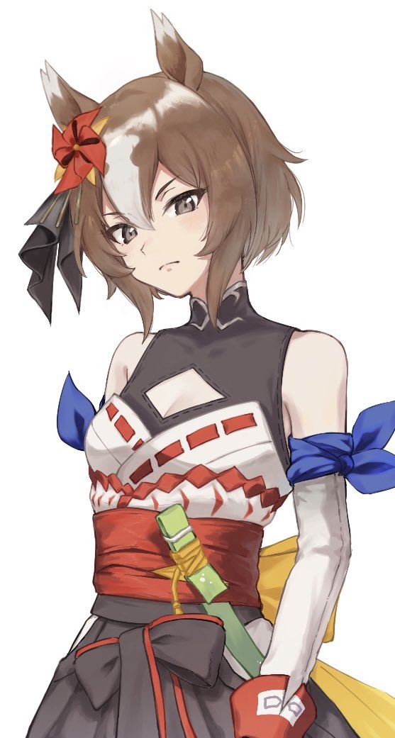 1girl, animal_ears, bare_shoulders, black_shirt, black_skirt, breasts, brown_eyes, brown_hair