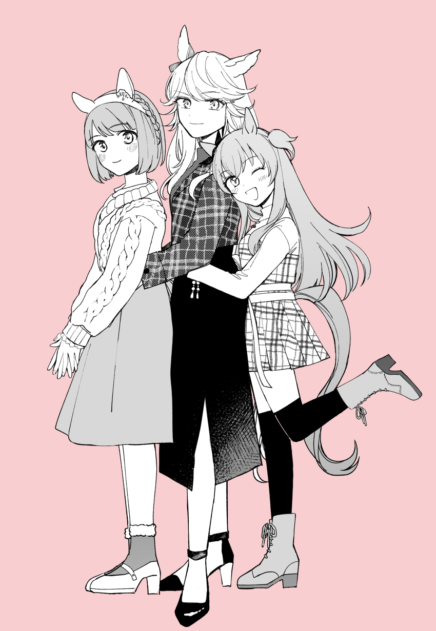 3girls, absurdres, animal_ears, blush, boots, braid, closed_mouth, crown_braid