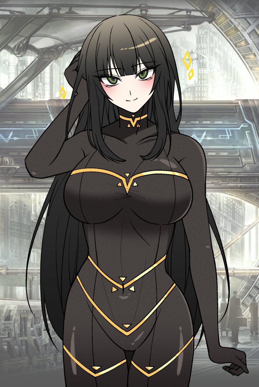 1girl, black_bodysuit, black_hair, bodysuit, breasts, cesara_(project_moon), commentary_request, covered_navel, green_eyes, highres, limbus_company, matiyan923, narrow_waist, navel, neon_trim, project_moon, skin_tight, solo, turtleneck, turtleneck_bodysuit