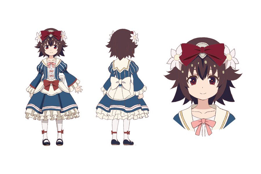 1girl, aged_down, blue_footwear, brown_hair, child, collarbone, dress, flower