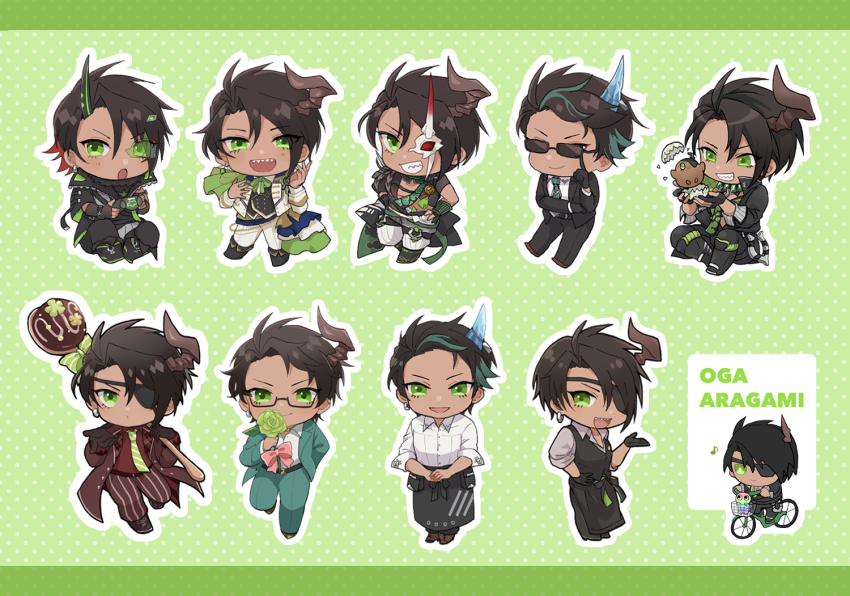 1boy, adjusting_eyewear, apron, aragami_oga, aragami_oga_(1st_costume), aragami_oga_(2nd_costume), aragami_oga_(3rd_costume), aragami_oga_(4th_costume)