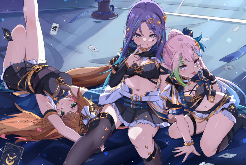 3girls, airani_iofifteen, airani_iofifteen_(work), animal_ears, area_15, arm_support, ayunda_risu, ayunda_risu_(work), belt, black_gloves, black_hat, black_jacket, black_shirt, black_shorts, black_skirt, black_thighhighs, blue_hair, blush, bracelet, braid, braided_bangs, breasts, brown_hair, cleavage, commentary, criss-cross_straps, crop_top, cropped_jacket, english_commentary, fascinator, fingerless_gloves, frilled_shorts, frills, gloves, gradient_eyes, gradient_hair, green_eyes, hat, highres, hololive, hololive_indonesia, jacket, jewelry, kneeling, long_hair, looking_at_viewer, ludwigtk, lying, medium_breasts, midriff, miniskirt, moona_hoshinova, moona_hoshinova_(work), multicolored_eyes, multicolored_hair, multiple_girls, navel, official_alternate_costume, on_back, pelvic_curtain, pink_hair, ponytail, purple_eyes, seductive_smile, see-through_cleavage, see-through_clothes, shirt, short-sleeved_jacket, short_sleeves, shorts, single_glove, sitting, skirt, smile, smug, squirrel_ears, squirrel_girl, squirrel_tail, streaked_hair, tail, thigh_strap, thighhighs, virtual_youtuber, white_belt, yellow_eyes