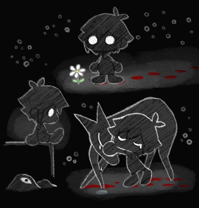 1boy, black_hair, black_skin, chibi, chibi_only, closed_eyes, colored_skin, dorothi_(omori), footprints, hug, little_one_(genshin_impact), omori, short_hair, sitting, solo, stranger_(omori), sun_iiinu, white_eyes