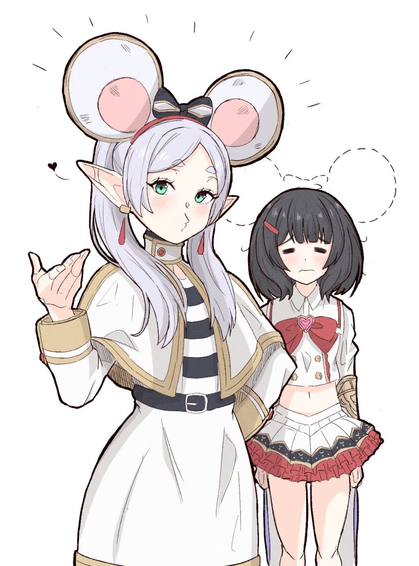 2girls, :3, =_=, animal_ears, belt, black_hair, blowing_kiss, blunz