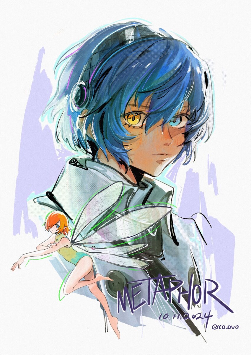 1boy, 1girl, artist_name, barefoot, blue_eyes, blue_hair, closed_mouth, commentary