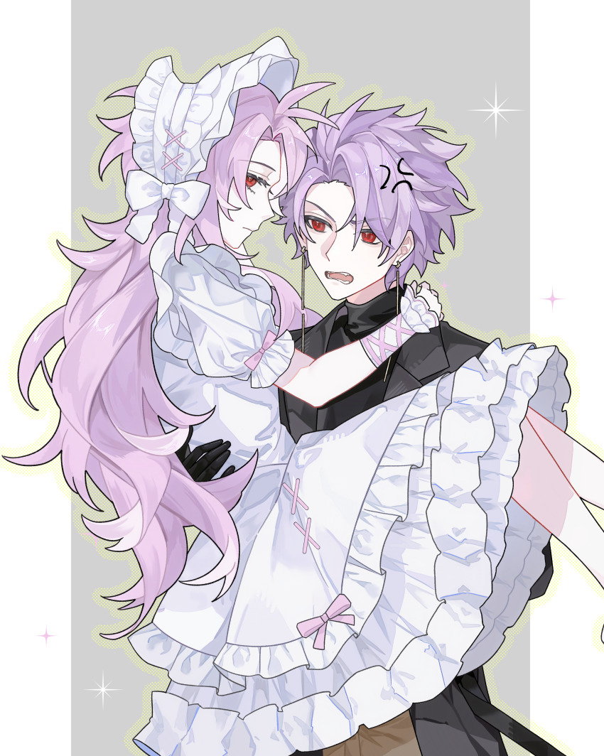 2boys, absurdres, accurate_lolita_coord, alternate_costume, anger_vein, black_coat, black_gloves, black_sweater