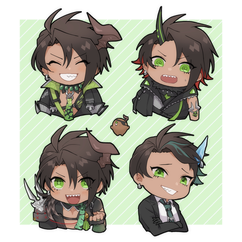 1boy, @_@, aragami_oga, aragami_oga_(1st_costume), aragami_oga_(2nd_costume), aragami_oga_(3rd_costume), aragami_oga_(4th_costume), black_horns