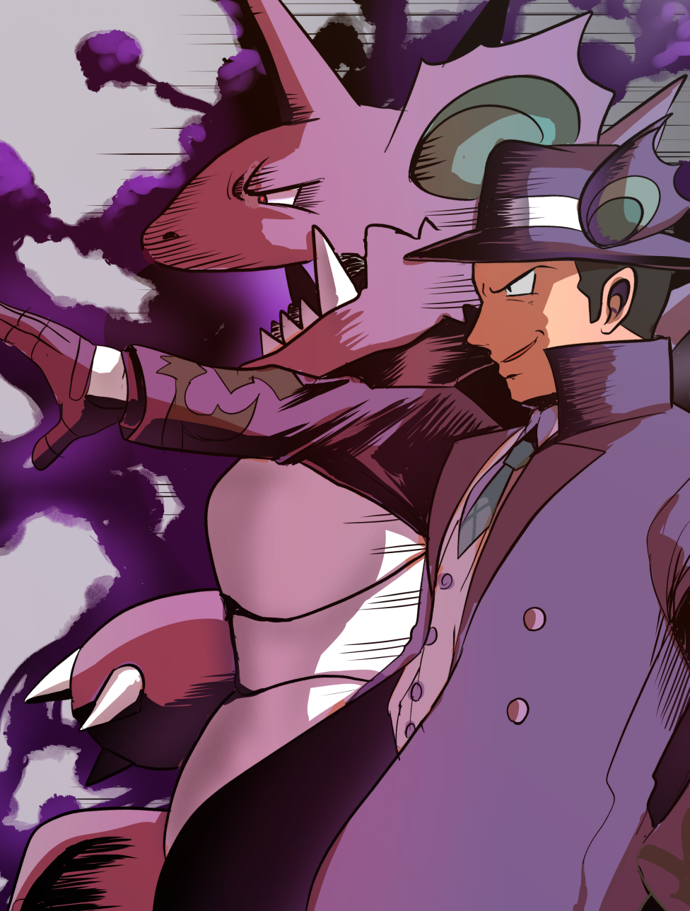 1boy, black_hair, coat, from_side, gen_1_pokemon, giovanni_(pokemon), giovanni_(sygna_suit)_(pokemon), gloves
