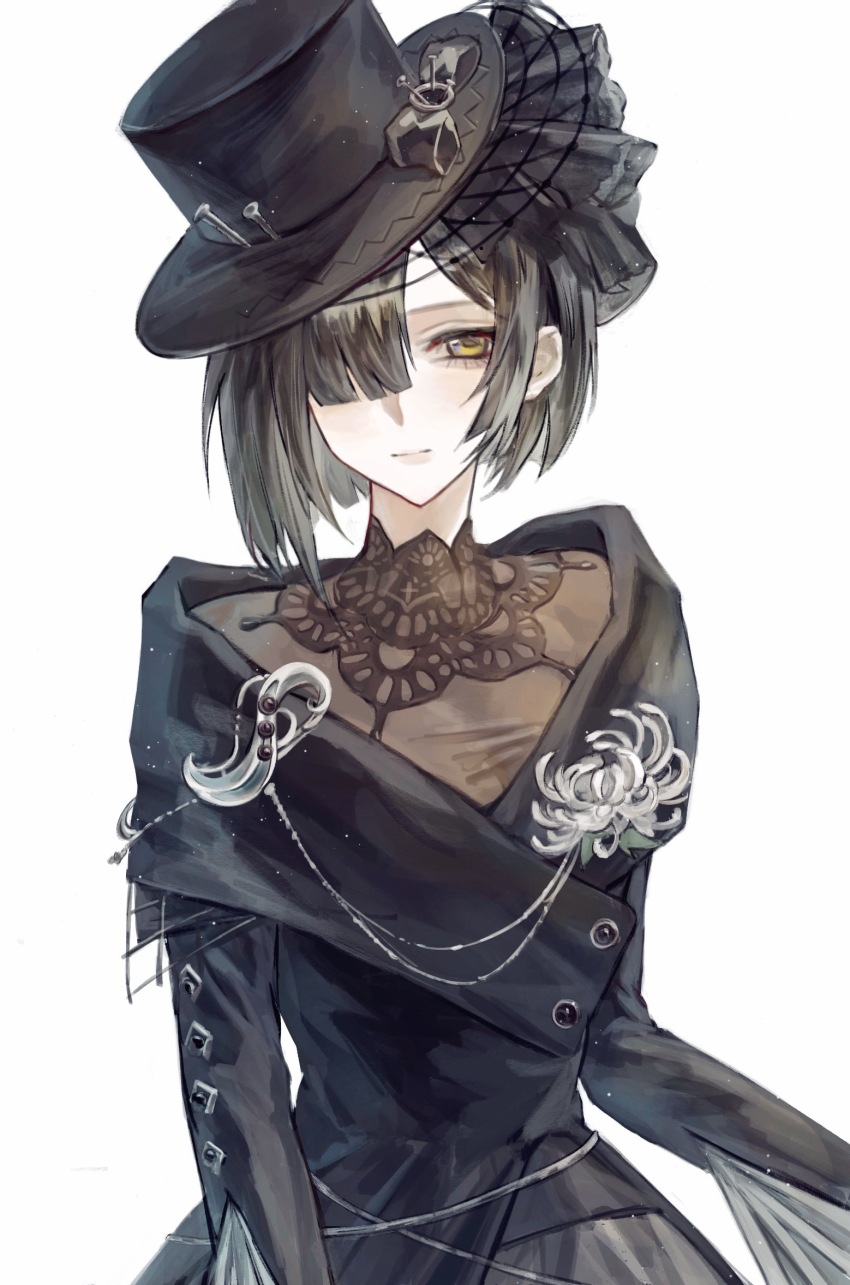 1girl, black_dress, black_hair, black_hat, black_veil, blunt_ends, chrysanthemum, closed_mouth