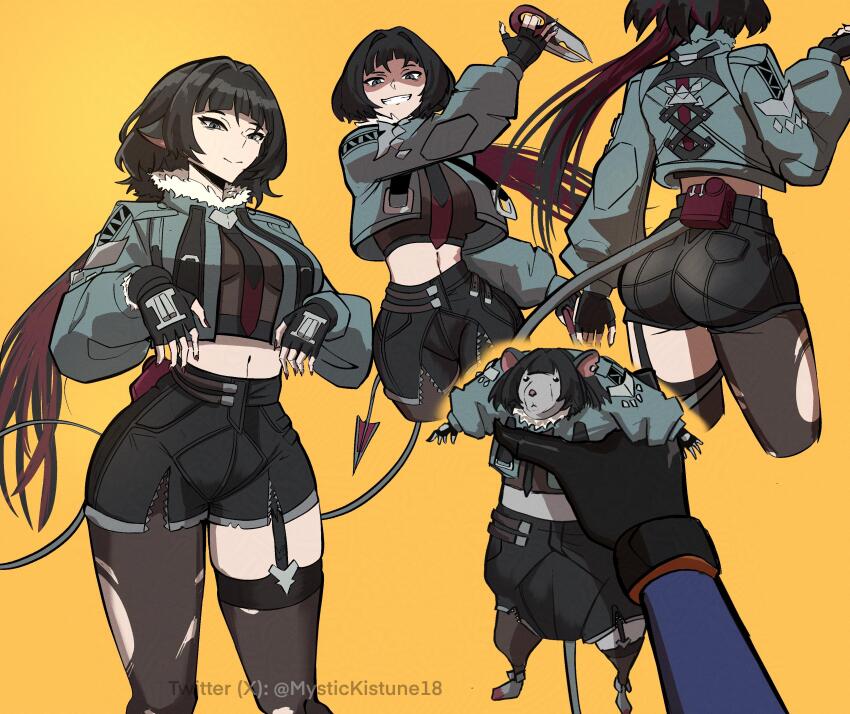 2girls, absurdres, animal, animal_ears, animalization, artist_name, ass, asymmetrical_legwear, black_gloves, black_hair, black_necktie, black_pantyhose, black_shorts, black_thighhighs, breasts, closed_mouth, cropped_jacket, evil_grin, evil_smile, fingerless_gloves, from_behind, fur-trimmed_jacket, fur_trim, garter_straps, gloves, grey_eyes, grey_jacket, grin, high-waist_shorts, highres, holding, holding_animal, holding_knife, jacket, jane_doe_(zenless_zone_zero), knife, long_hair, looking_at_viewer, medium_breasts, midriff, mouse_(animal), mouse_ears, mouse_girl, mouse_tail, multicolored_hair, multiple_girls, multiple_views, mystickeiji24, nail_polish, navel, necktie, pantyhose, person_and_animalization, pov, pov_hands, red_hair, red_nails, shaded_face, short_hair, short_shorts, shorts, simple_background, single_leg_pantyhose, single_thighhigh, smile, split_mouth, standing, tail, thighhighs, torn_clothes, torn_pantyhose, torn_thighhighs, twitter_username, two-tone_necktie, uneven_legwear, unzipped, watermark, yellow_background, zenless_zone_zero, zhu_yuan
