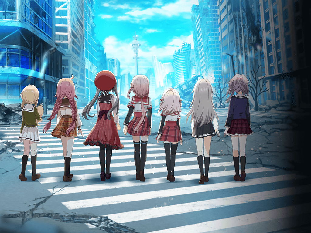 6+girls, ahoge, aika_himena, artist_request, back_bow, bare_tree, belt, beret