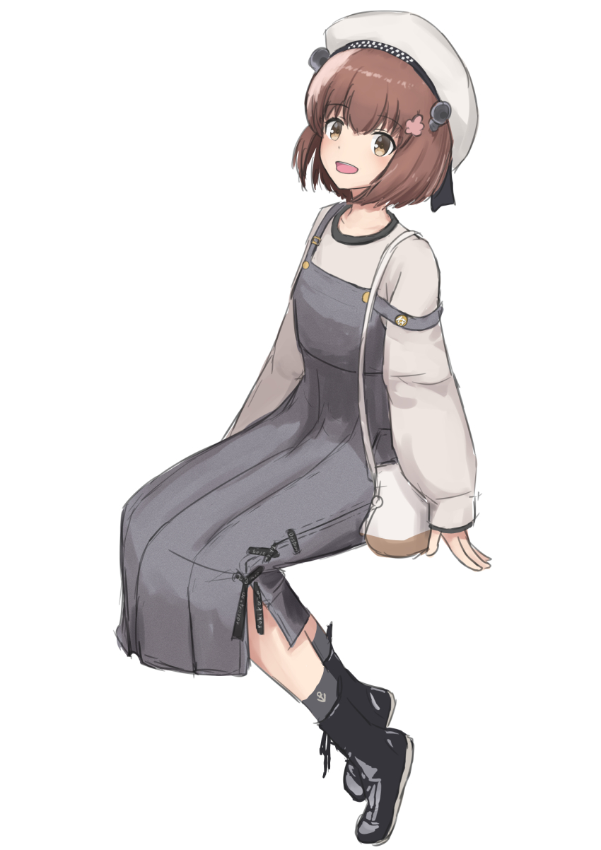 1girl, alternate_costume, bag, beret, boots, brown_eyes, brown_hair, dress
