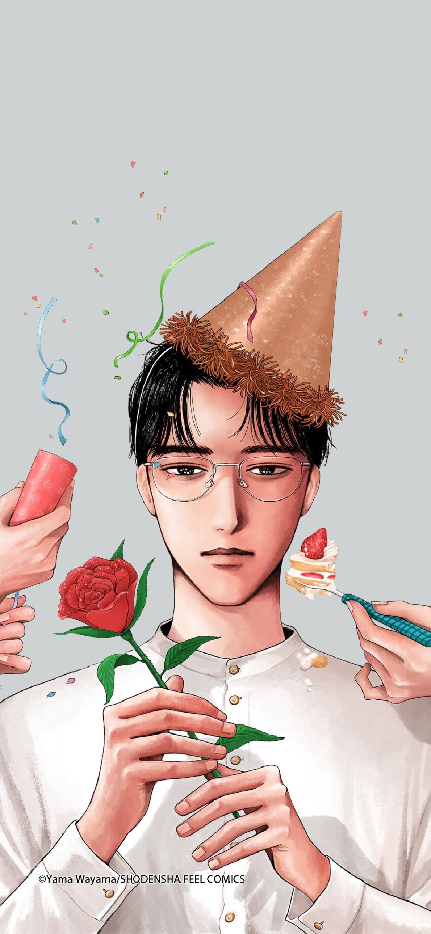 1boy, absurdres, birthday, black_eyes, black_hair, cake, confetti, dress_shirt