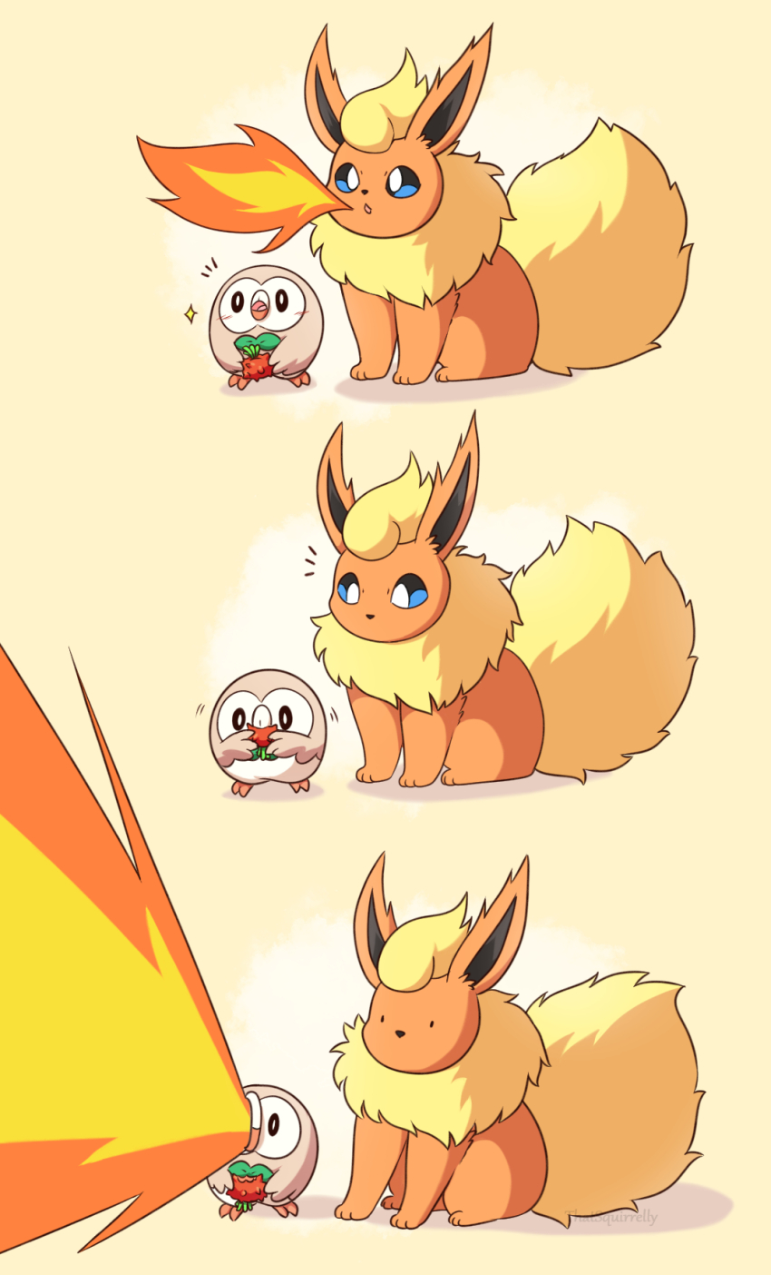 beak, berry_(pokemon), blue_eyes, breath_weapon, breathing_fire, commentary, eating, english_commentary, fire, flamethrower_(pokemon), flareon, gen_1_pokemon, gen_7_pokemon, highres, isso_(thatsquirrelly), nintendo, no_humans, notice_lines, parted_lips, pokemon, pokemon_(creature), rowlet, tagme, tamato_berry, yellow_background