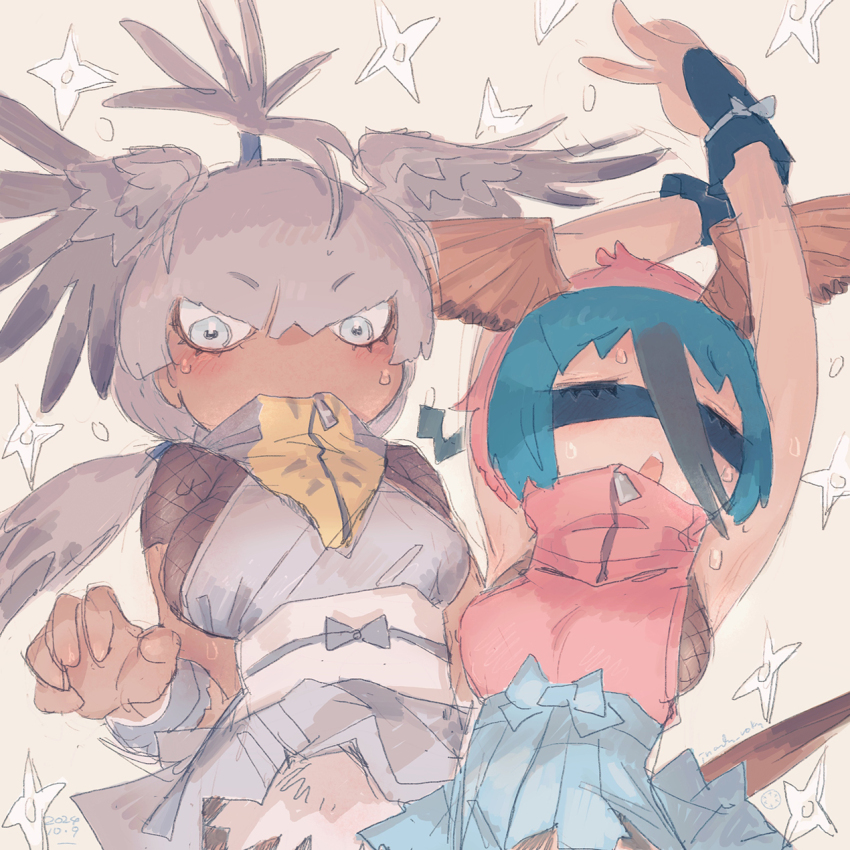2girls, aqua_hair, arms_up, bird_wings, black_hair, blindfold, blue_eyes, blush, breasts, covered_eyes, covered_mouth, dark-skinned_female, dark_skin, fishnets, grey_hair, hair_between_eyes, head_wings, highres, inada_roku, japanese_clothes, kemono_friends, kimono, long_hair, looking_at_viewer, low_ponytail, multicolored_hair, multiple_girls, ninja, northern_carmine_bee-eater_(kemono_friends), open_mouth, pink_hair, ponytail, sash, shoebill_(ex)_(kemono_friends), shoebill_(kemono_friends), short_sleeves, shuriken, sideboob, weapon, wings, zipper, zipper_pull_tab