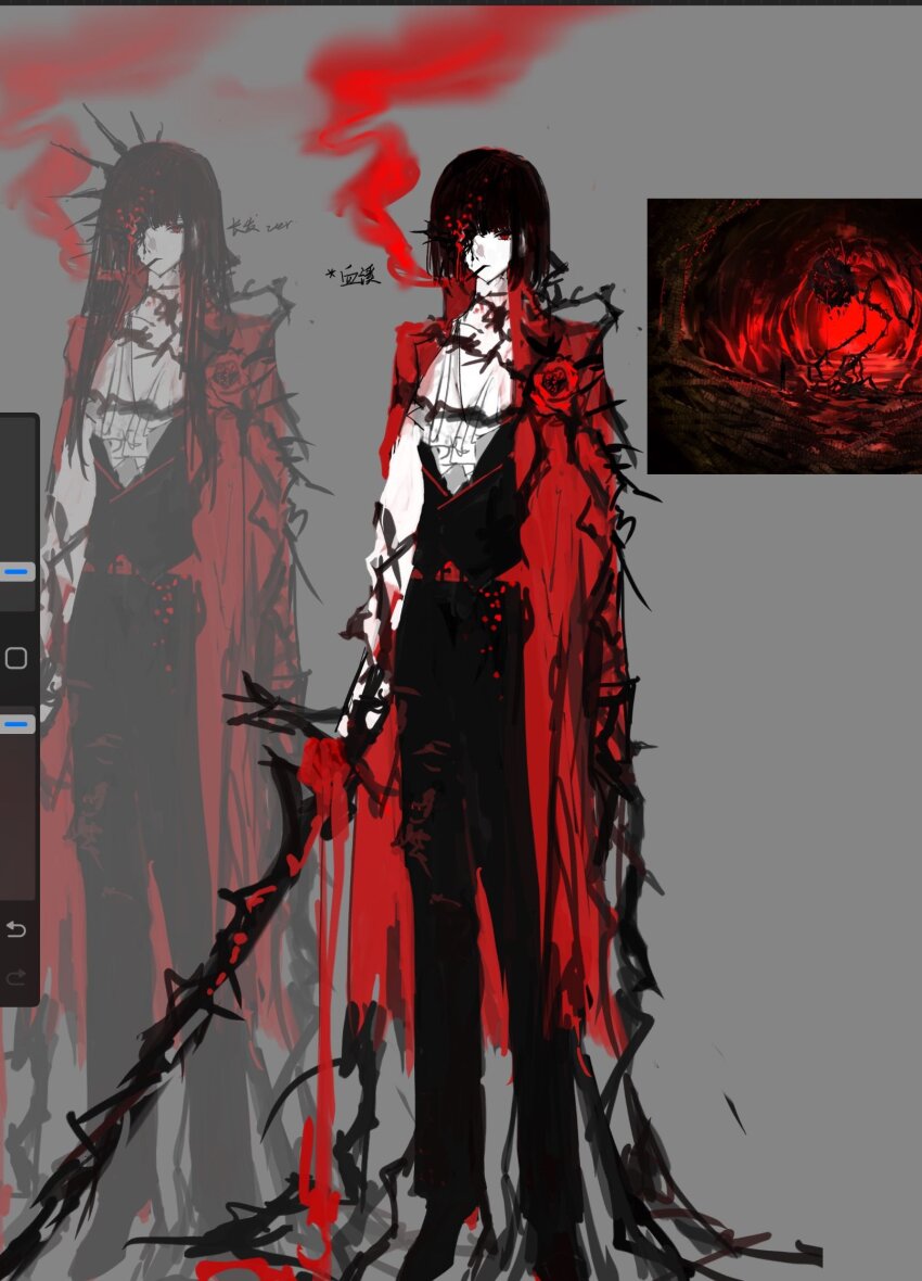 1girl, black_hair, cigarette, coat, colored_smoke, e.g.o_(project_moon), flower, grey_background