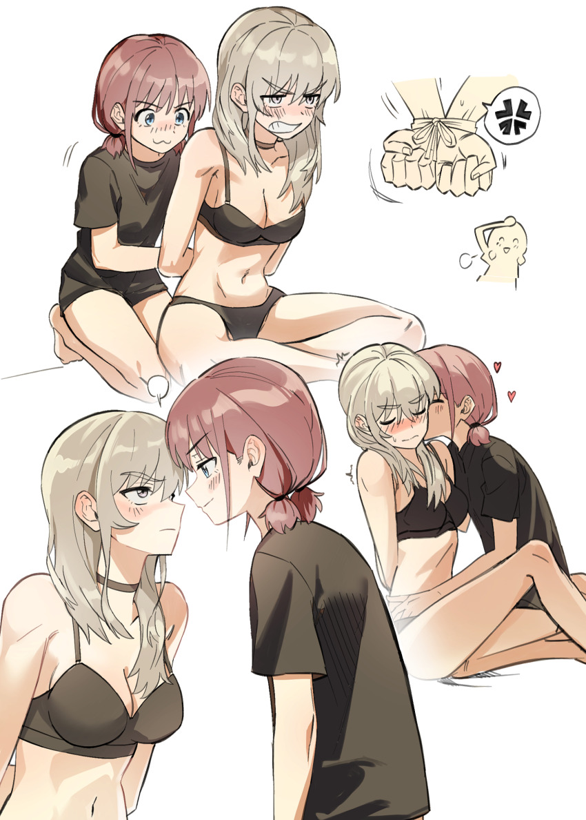 :3, absurdres, anger_vein, arms_behind_back, black_bra, black_choker, black_panties, black_shirt, black_shorts, blue_eyes, blush, bound, bound_wrists, bra, breasts, brown_hair, choker, cleavage, closed_eyes, closed_mouth, commentary, eye_contact, gganchan, girls_band_cry, grey_hair, heart, highres, iseri_nina, kawaragi_momoka, long_hair, looking_at_another, low_twintails, medium_breasts, navel, open_mouth, panties, shirt, short_hair, short_twintails, shorts, sidelocks, spoken_anger_vein, stomach, untranslatable_commentary, twintails, underwear, underwear_only, yuri