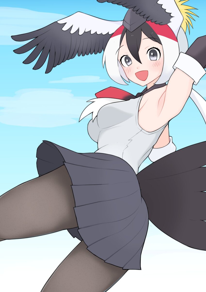 1girl, :d, armpits, bird_tail, black_gloves, black_hair, black_hat, black_wings, blue_sky, blush, breasts, cloud, commentary, day, feet_out_of_frame, garrison_cap, gloves, grey_crowned_crane_(kemono_friends), grey_eyes, grey_pantyhose, grey_shirt, grey_skirt, hair_between_eyes, hat, head_wings, highres, illu_(illu_stratos), jumping, kemono_friends, long_bangs, looking_at_viewer, multicolored_hair, necktie, open_mouth, outdoors, pantyhose, pleated_skirt, pointy_ears, red_hair, red_necktie, shirt, short_hair, skirt, sky, sleeveless, sleeveless_shirt, small_breasts, smile, solo, tail, white_hair, white_wings, wings