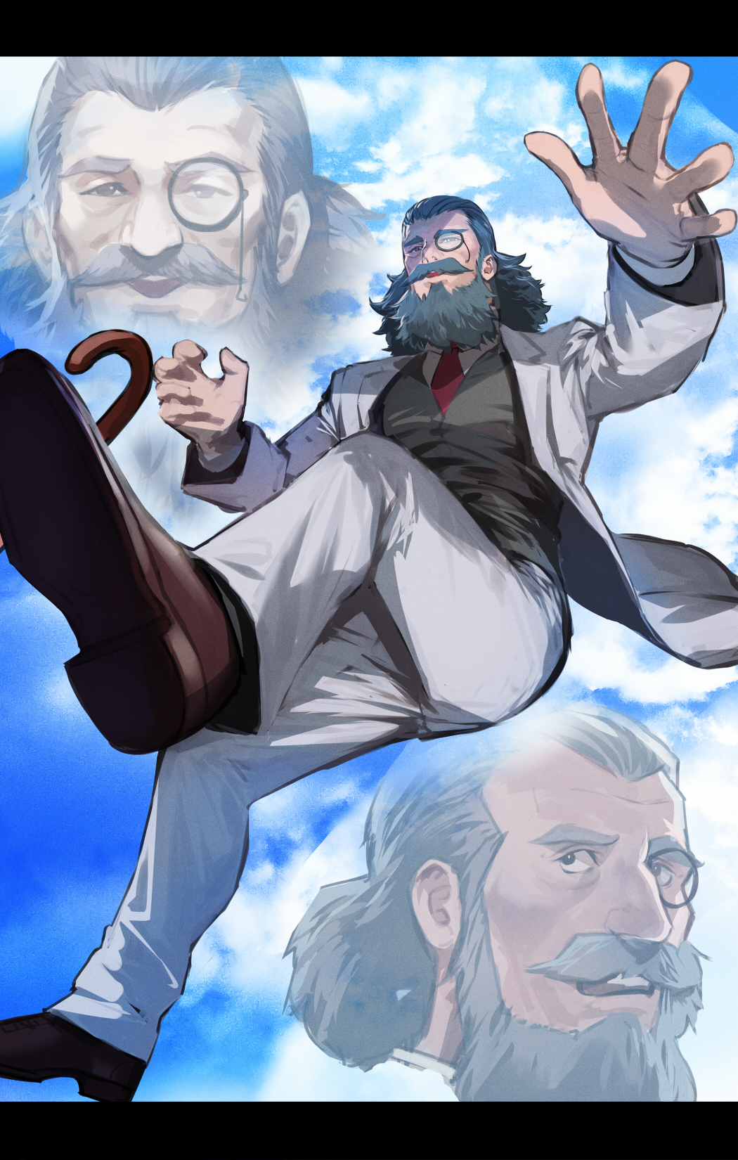 1boy, beard, black-framed_eyewear, black_vest, blue_sky, brown_footwear, cane, chargeman_ken!, cloud, commentary_request, doctor_volga, facial_hair, falling, full_body, grey_hair, highres, jacket, kasei_yukimitsu, letterboxed, looking_at_viewer, male_focus, monocle, mustache, necktie, old, old_man, open_clothes, open_jacket, open_mouth, pants, red_necktie, round_eyewear, shoes, short_hair, sky, smile, vest, white_jacket, white_pants, zoom_layer