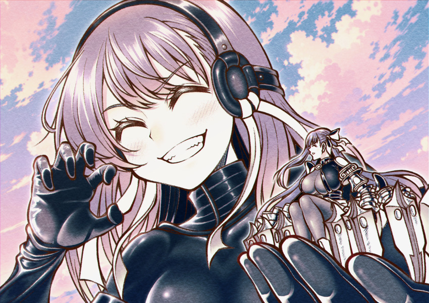 2girls, black_bodysuit, bodysuit, breasts, claw_pose, closed_eyes, donkikong_(pixiv17278003), fate/grand_order